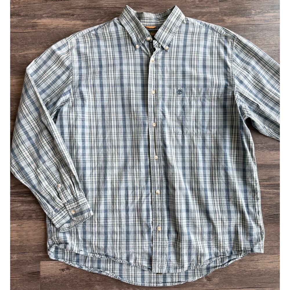 Timberland Mens Button-Up Shirt Blue White Plaid Long Sleeve Pocket Cotton XL